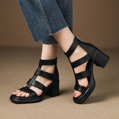 Summer Women's Soft Leather Open-toe Platform Chunky-heel Sandals