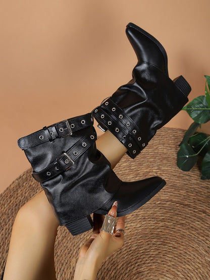 Women's European & American Plus Size Ankle Boots, New 2026 Autumn & Winter Belt Buckle Pointed Toe Block Heel Rivet Short Fashion Boots