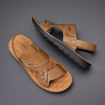 Men's Soft Leather Sandals, Summer Anti-slip Genuine Soft Leather Dual-wear Casual Soft Sole Sandals For Middle-aged Dad & Beach