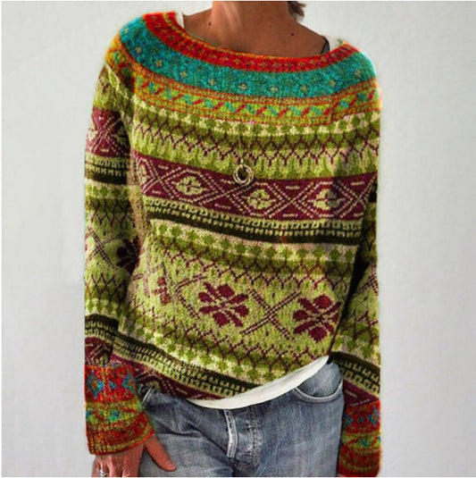 Women's Round Neck Loose Multicolor Pullover Sweater