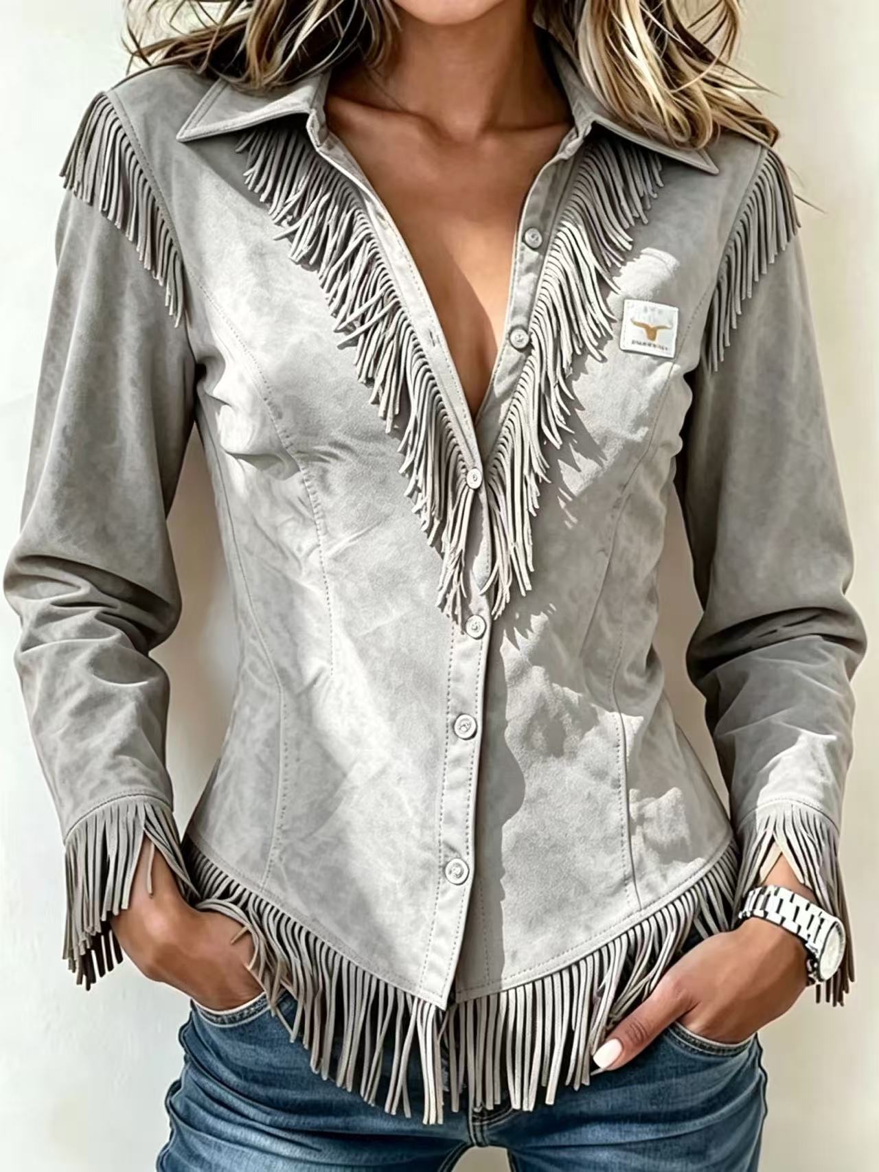 Spot Amazon Foreign Trade Cross-Border 2025 Western Cowboy Style Suede Tassel Slim Long-Sleeved Shirt