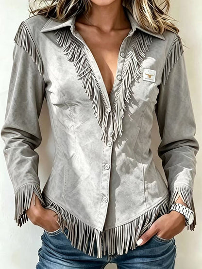Spot Amazon Foreign Trade Cross-Border 2025 Western Cowboy Style Suede Tassel Slim Long-Sleeved Shirt