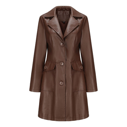 Long Leather Trench Coat Fashionable Outerwear For Women