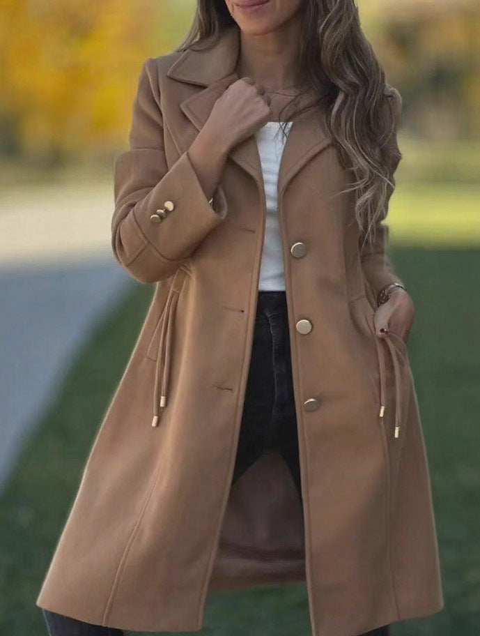 Womens Fashion Solid-color Mid-length Wool Coat With Drawstring And Pockets