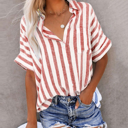 Striped Short Sleeve Lapel Casual Button Pocket Cardigan Short Sleeve Shirt