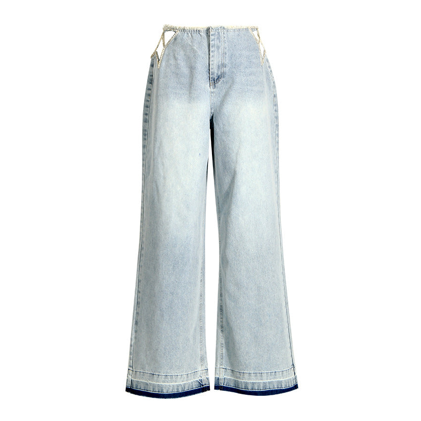 Light Washed Star Rhinestone Cutout Wide Leg Denim Jeans