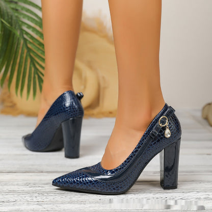 Pointed-toe Chunky-heel Snakeskin Pumps For Women