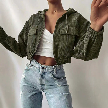 Womens Hooded Drawstring Short Jacket With Long Sleeves