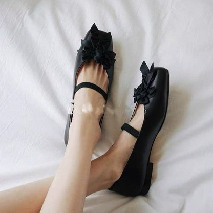 Women French Bow Square Toe Mary Jane Shoes 2025 New Elegant Block Heel Soft Sole Low Cut Ballet Flats