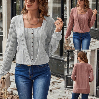 Spring Autumn New Arrival  Casual Fashionable Relaxed-Fit Solid Color Button Square Neck Knit Top