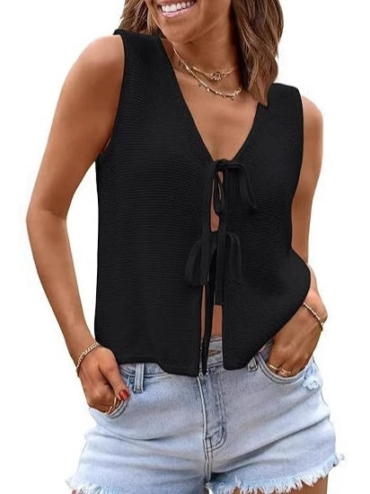 Beach Leisure Front Lace Up Women's Knitted Top Sweater Vest