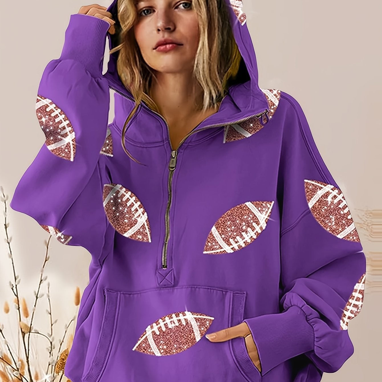 Football Digital Print Hoodie With Long Sleeves And A Zipper