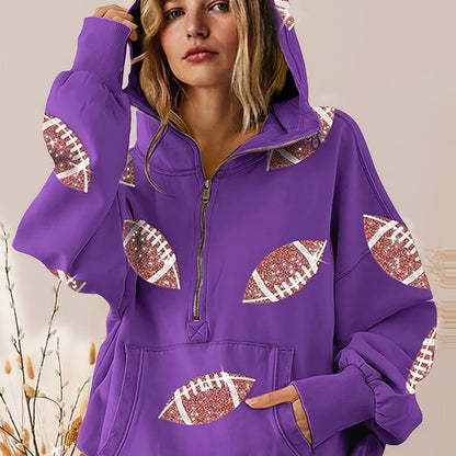 Football Digital Print Hoodie With Long Sleeves And A Zipper