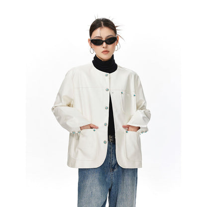 Womens Black Alligator-Print Collarless Leather Jacket