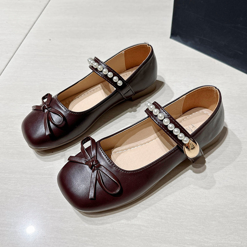 Girls & Women Gentle Style Pearl Mary Jane Flats, Bow Decoration Non Slip Soft Sole Hook And Loop Dress Shoes For Spring Autumn