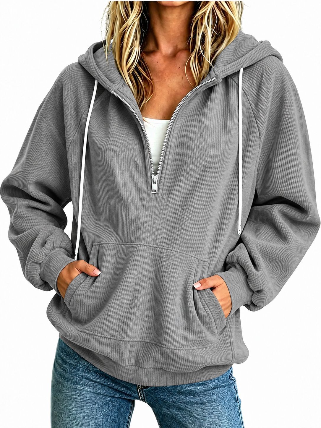 Womens Loose-fit Long-sleeve Half-zip Hooded Sweatshirt