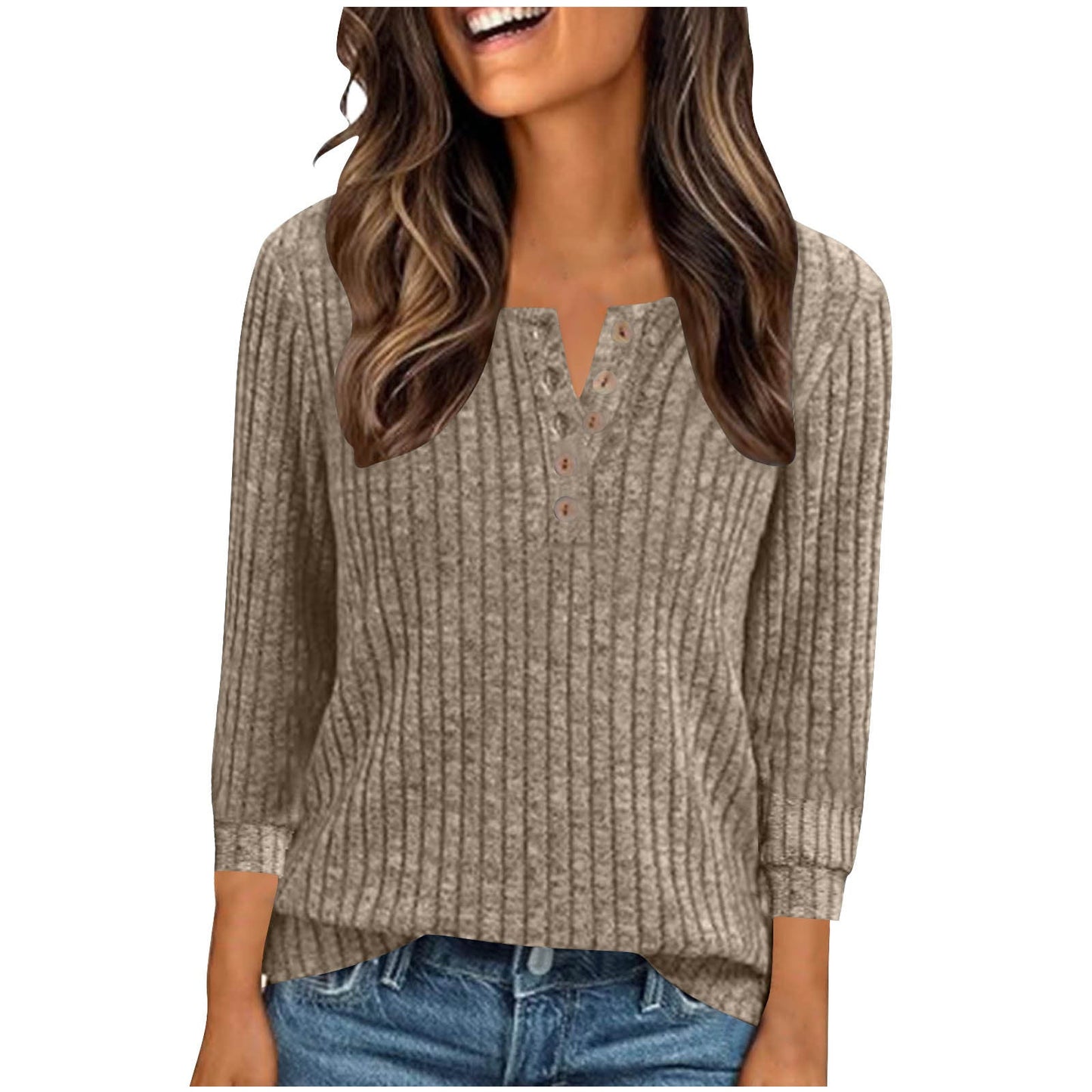 Women's V-neck Long-Sleeve Button-Down Knitted Sweater With Ribbed Pattern, Brushed Knit, Loose-Fit Striped Polo Shirt