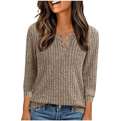 Women's V-neck Long-Sleeve Button-Down Knitted Sweater With Ribbed Pattern, Brushed Knit, Loose-Fit Striped Polo Shirt