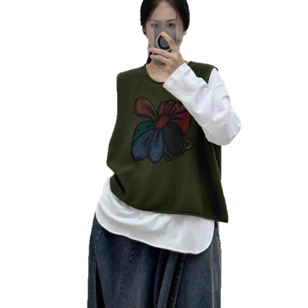 Womens Floral-Print Crew-Neck Loose-Fit Vintage Knitted Vest