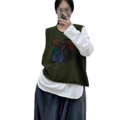 Womens Floral-Print Crew-Neck Loose-Fit Vintage Knitted Vest