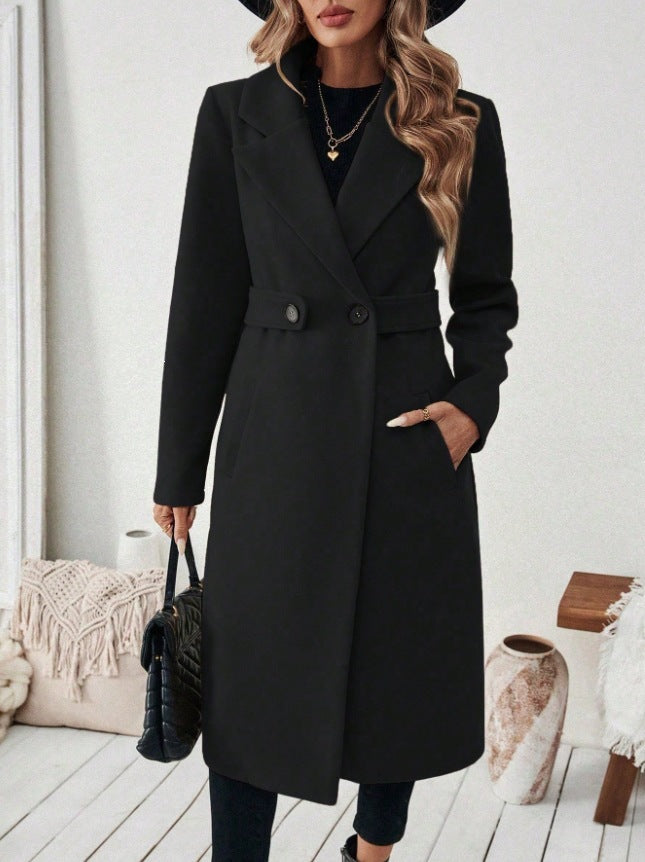 Womens Solid-color Wool Coat With A Lapel And Double-breasted Design