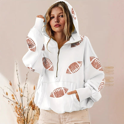 Football Digital Print Hoodie With Long Sleeves And A Zipper