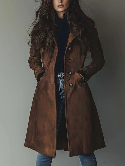 High Quality European American Style Women's Fall Winter Lapel Suede Mid-Length Trench Coat