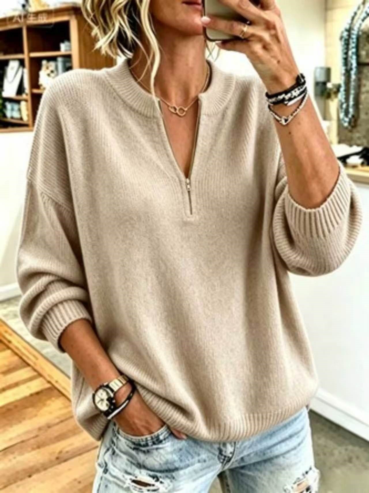 Korean-style Casual Stand-collar Half-zip Sweater For Women