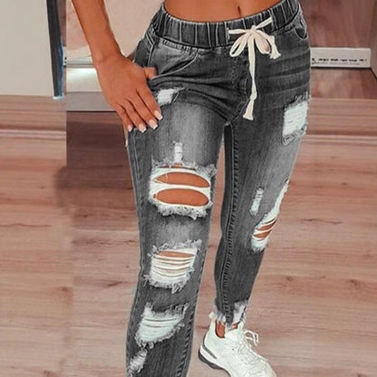 Womens Distressed Ripped Long Denim Pants High Rise Elastic Waist Drawstring Jeans