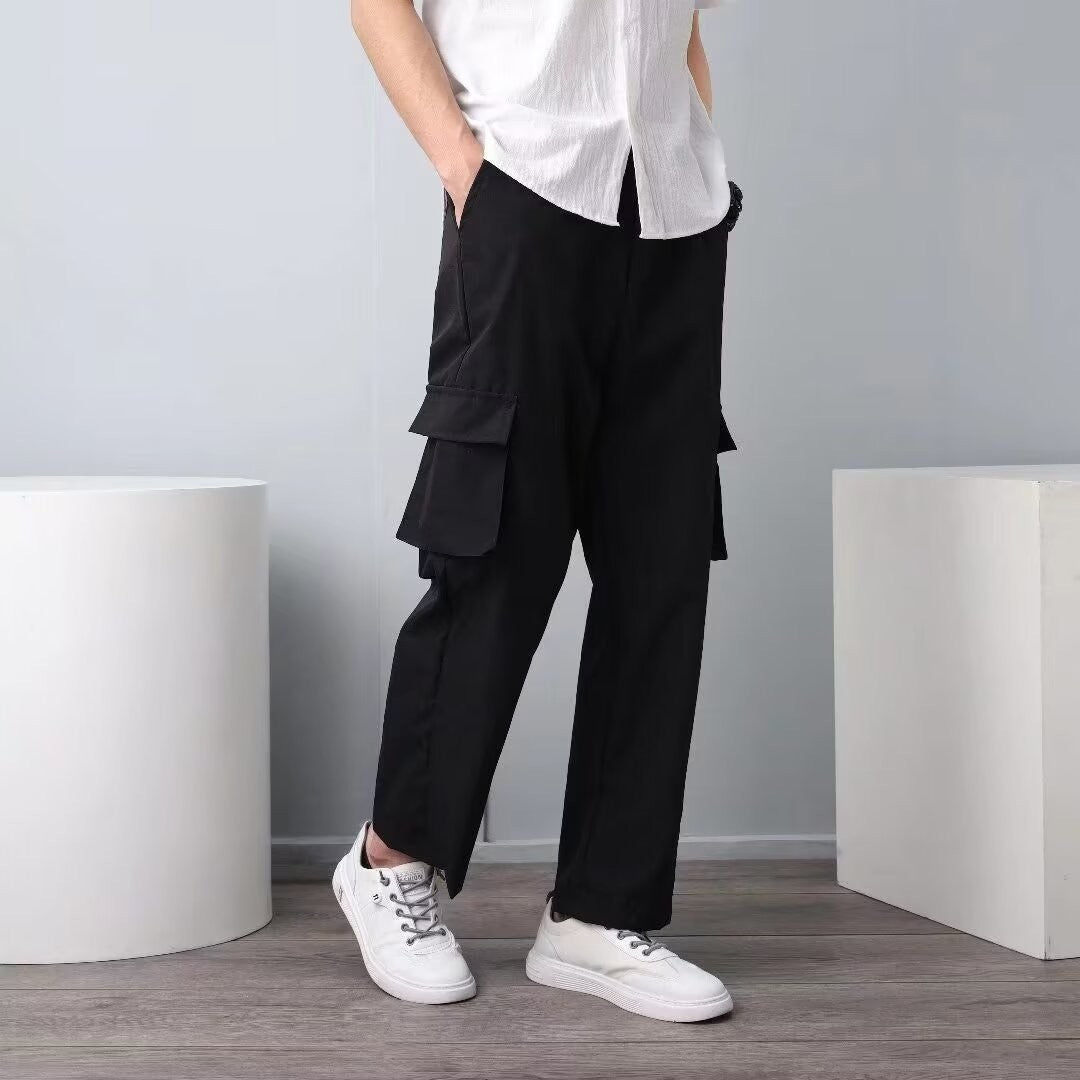 Coil Pants Cropped Pants Straight Trendy Fashion Casual Spring And Autumn Solid Color Casual Pants Men's Pocket Decorative Youth Popular