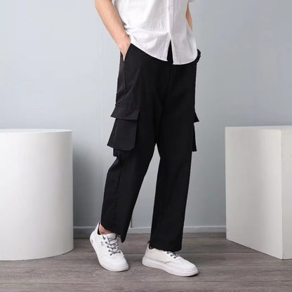 Coil Pants Cropped Pants Straight Trendy Fashion Casual Spring And Autumn Solid Color Casual Pants Men's Pocket Decorative Youth Popular