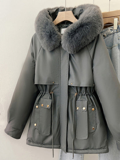 Womens Solid-Colored Loose Cotton Padded Coat With A Large Furry Collar