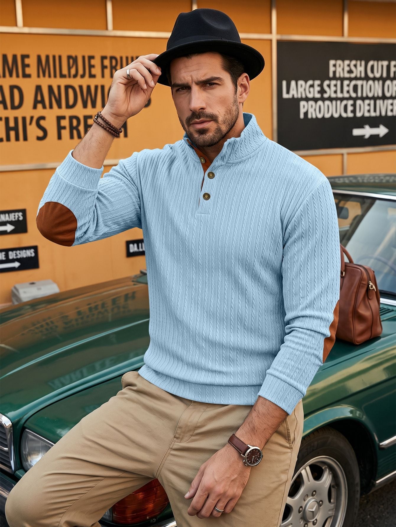 American-style Mens Top With A Stand-up Collar And Textured Jacquard Weave