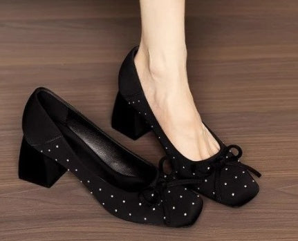Women New 2026 Soft Leather Slip-on Pumps, Medium Block Heel With Bow & Rivet Decor, Shallow Mouth Dress Shoes For Spring
