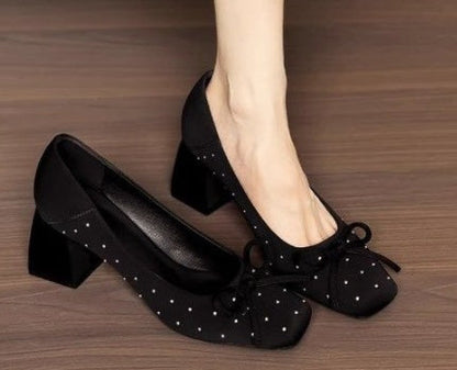 Women New 2026 Soft Leather Slip-on Pumps, Medium Block Heel With Bow & Rivet Decor, Shallow Mouth Dress Shoes For Spring