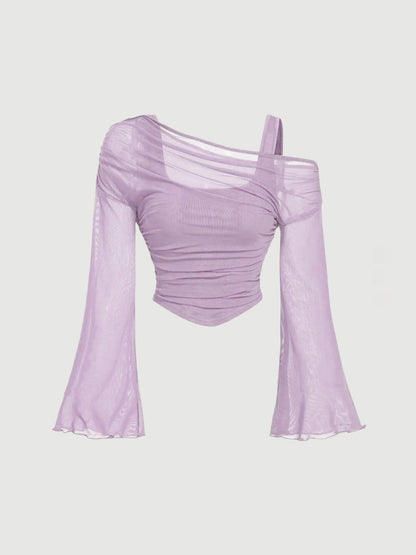 Mesh-Neck Pleated Long-Sleeve T-Shirt Top