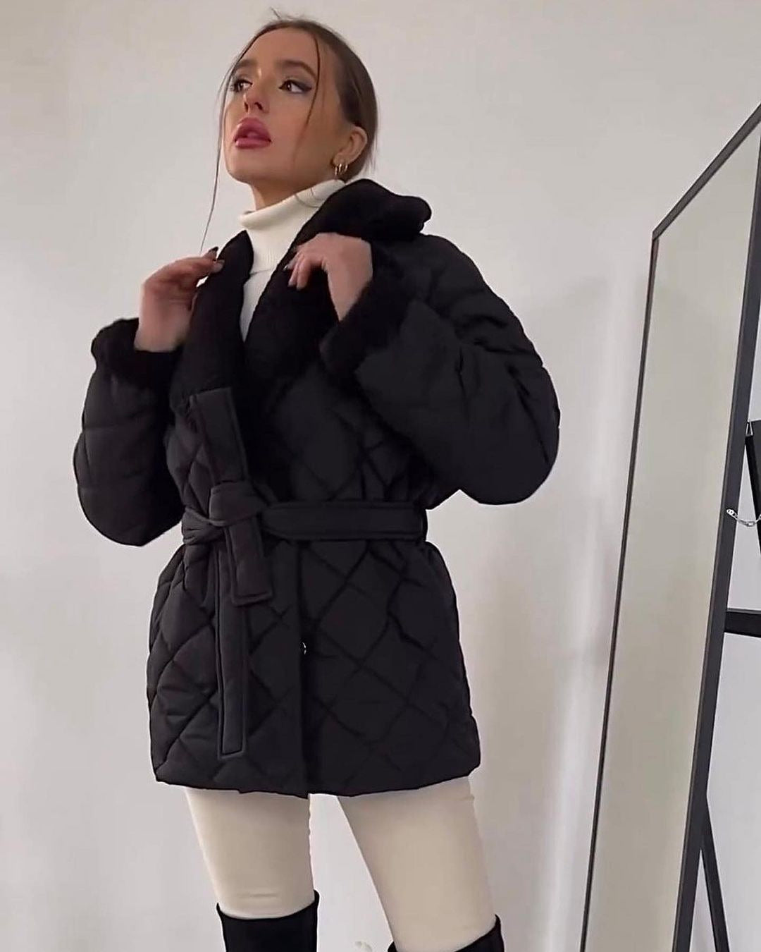 Womens Fashionable Versatile Turn-down-collar Cropped Cotton Jacket