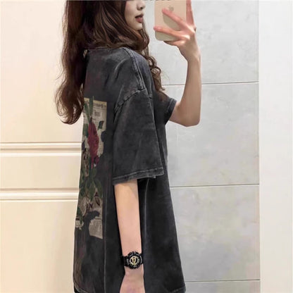 Cotton American-style Vintage Washed-and-faded Black Short-sleeve Shirt