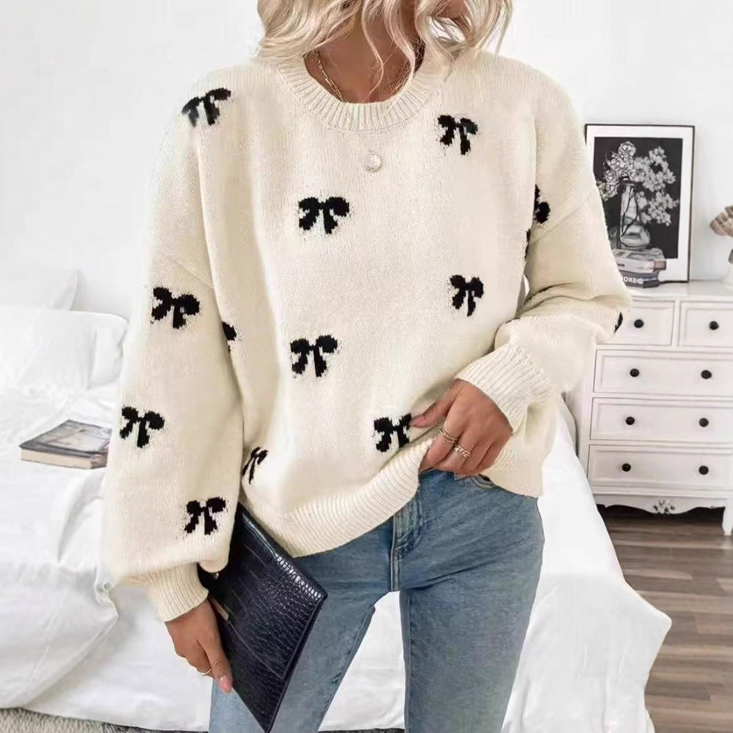 European And American Foreign Trade Amazon Bow Jacquard Sweater Clothes Autumn Women's Simple Design Women's Sweater