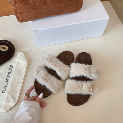 2026 New Warm Furry  Style Double Buckle Slides For Women, Luxe Outdoor Fuzzy Slippers