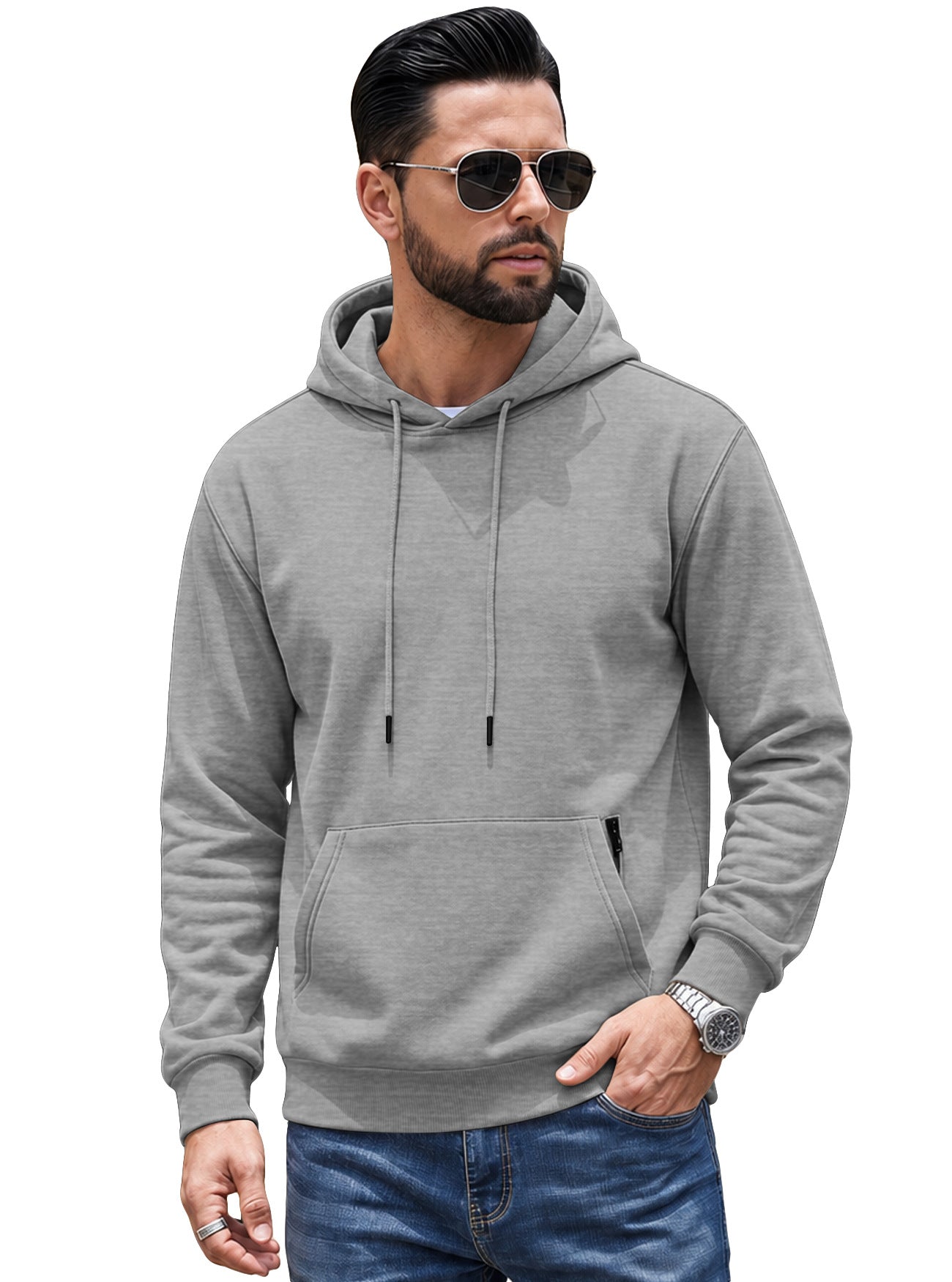 Cross-border TK Men's American Solid Color Drawstring Hoodie, Sports & Outdoor Sweatshirt With Anti-theft Side Zipper Kangaroo Pocket