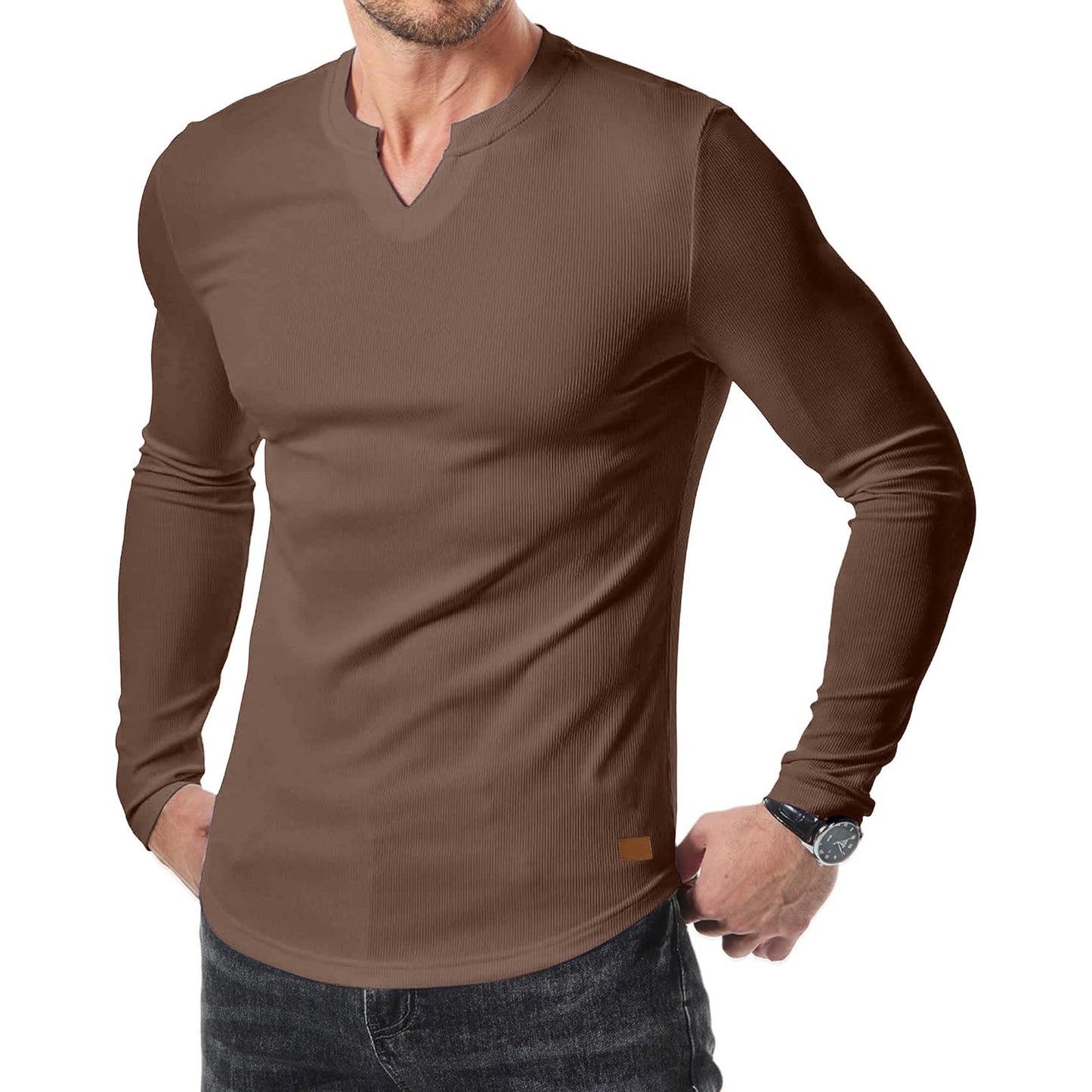 Cross-border Amazon New Foreign Trade Autumn And Winter Men's V-neck Pit T-shirt Solid Color Casual Fashion Men's Long Sleeve