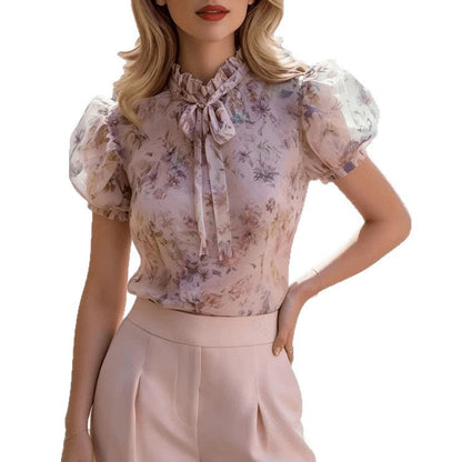 Sweet Lace-trimmed Floral Chiffon Printed Short-sleeved Top