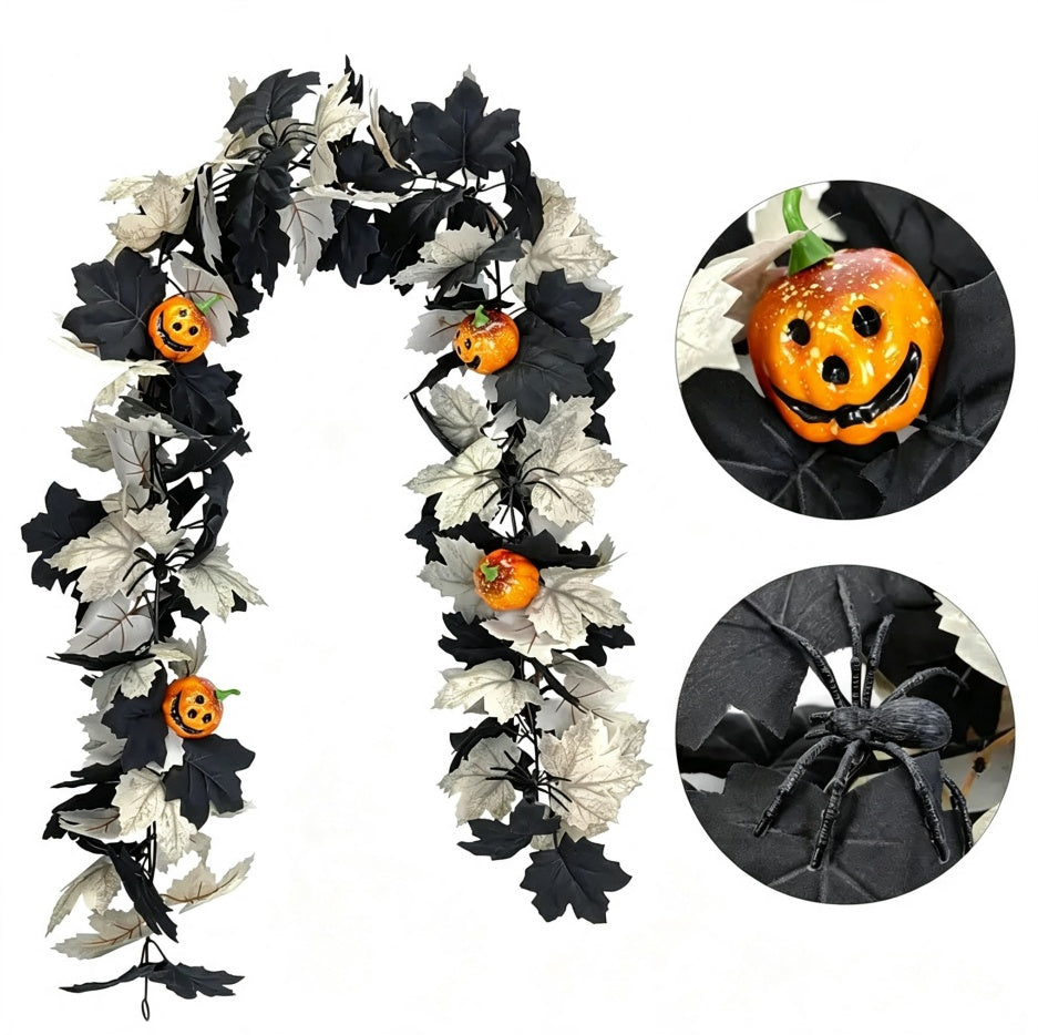Halloween Artificial Maple Leaf Garland, Pumpkin Spider Fall Vine Decor, Spooky Hanging Garland For Front Door Mantel Wall, Halloween Party Holiday Decorations