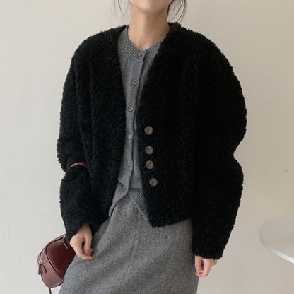 Womens V-neck Short Loose Padded Lambswool Coat