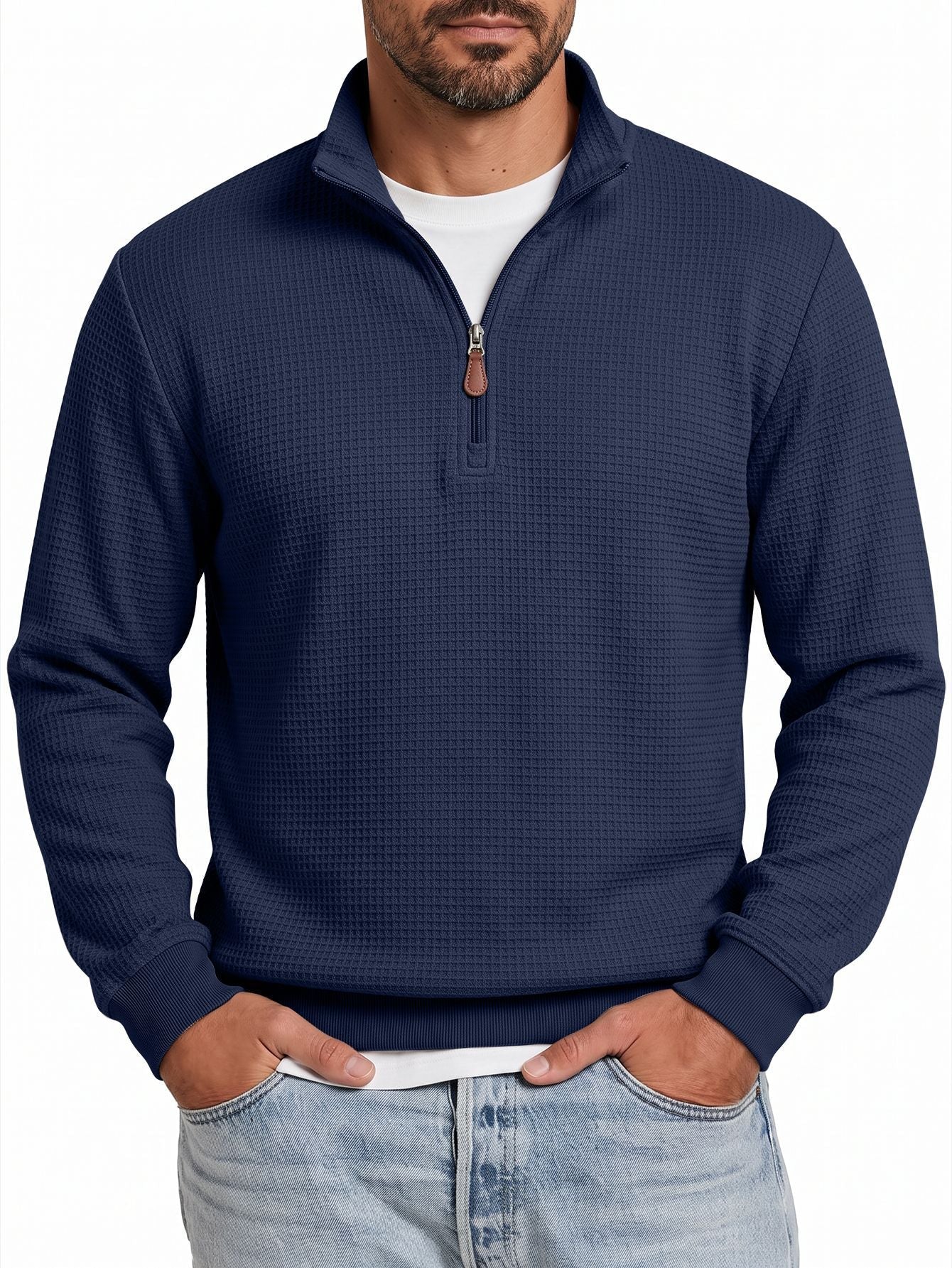 Mens Knitted Casual Hoodie With A Half-zip And Stand-up Collar Long Sleeves