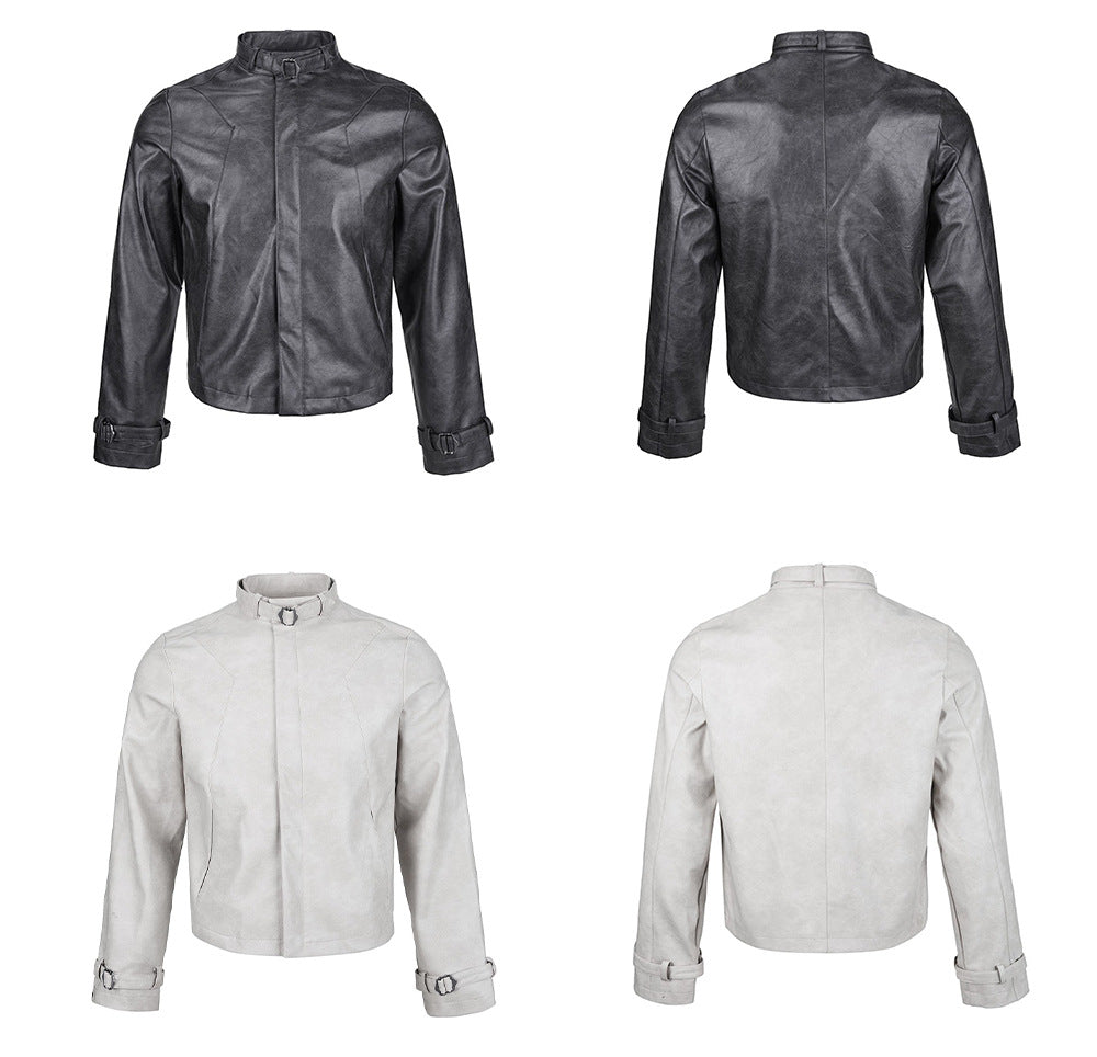 Distressed Leather Off-shoulder Short Jacket