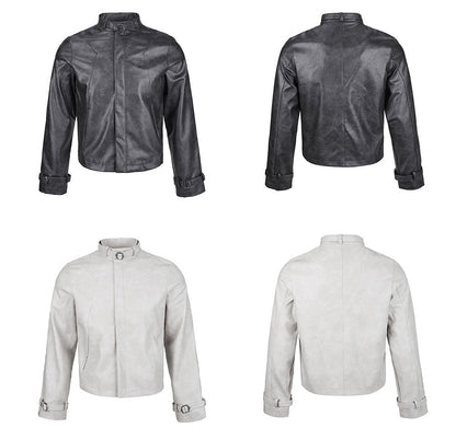 Distressed Leather Off-shoulder Short Jacket