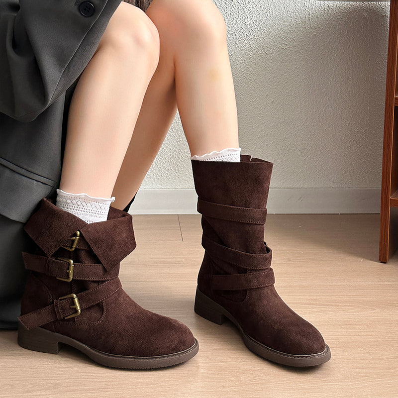 Vintage Belt Buckle Slouchy Boots Women 2026 Fall New Block Heel Mid Calf Western Cowboy Short Boots