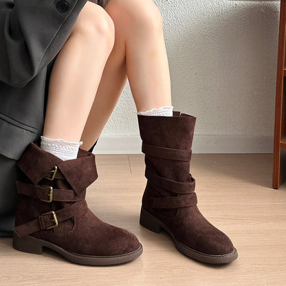 Vintage Belt Buckle Slouchy Boots Women 2026 Fall New Block Heel Mid Calf Western Cowboy Short Boots